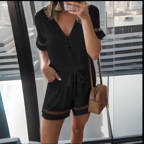 Formal Deep V Neck W/Button Hollowed Designs Elastic Waist Belt W/Pockets Romper - Picture 1 of 12